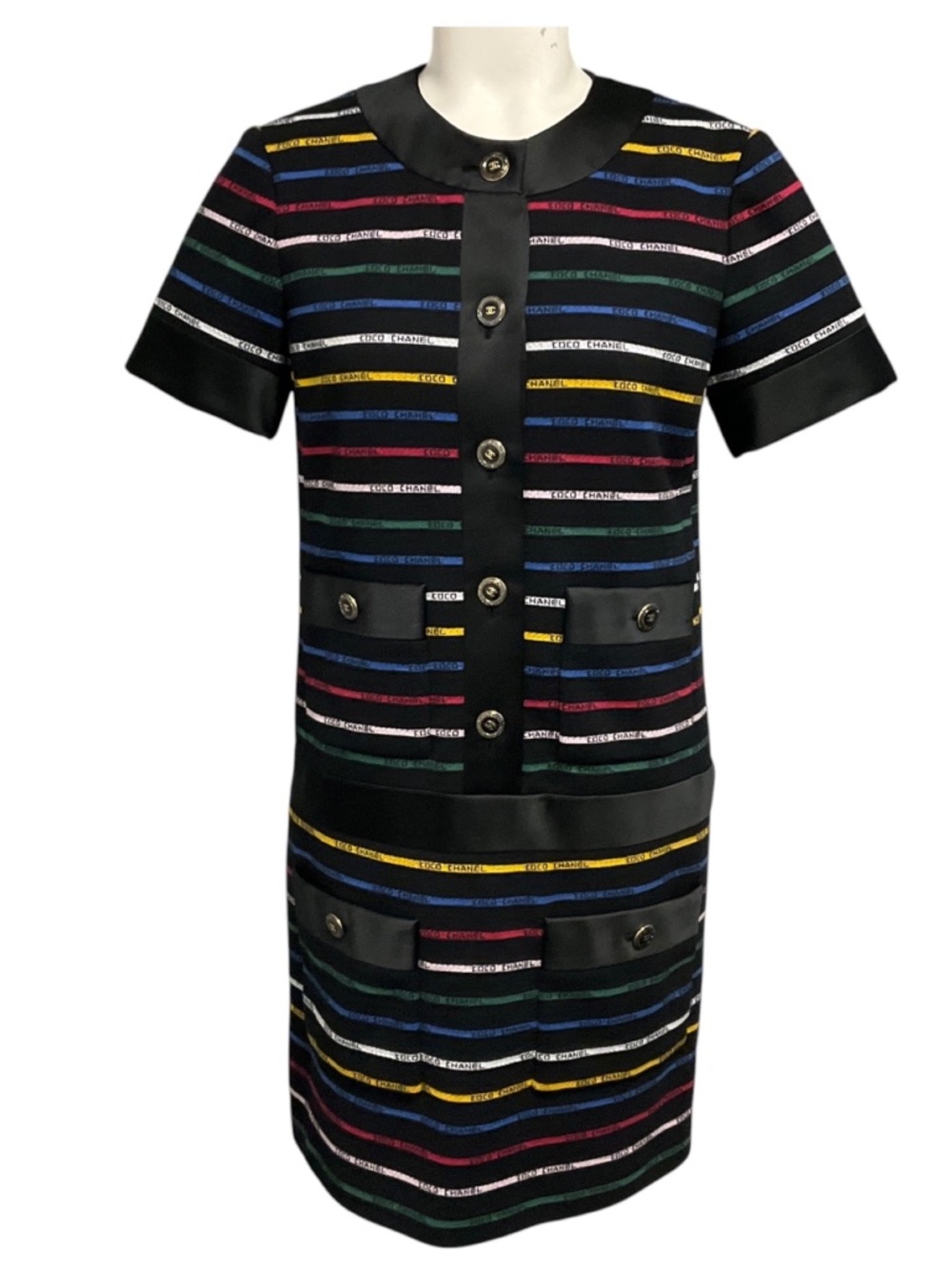 CHANEL BLACK MULTICOLOR 2022 LOGO STRIPE KNIT MINI DRESS WITH CC LOGO BUTTONS